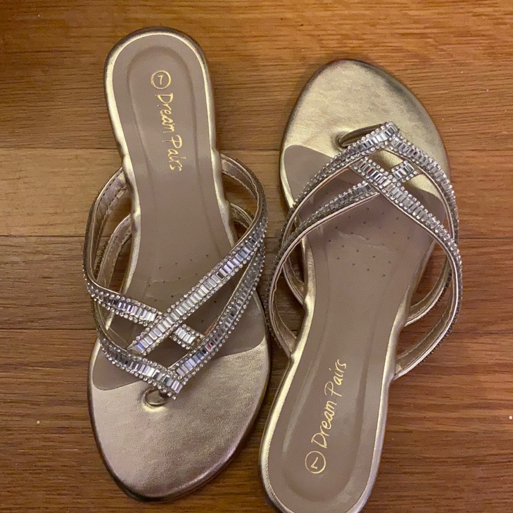 Diamond crusted gold thong sandals with slight heel
